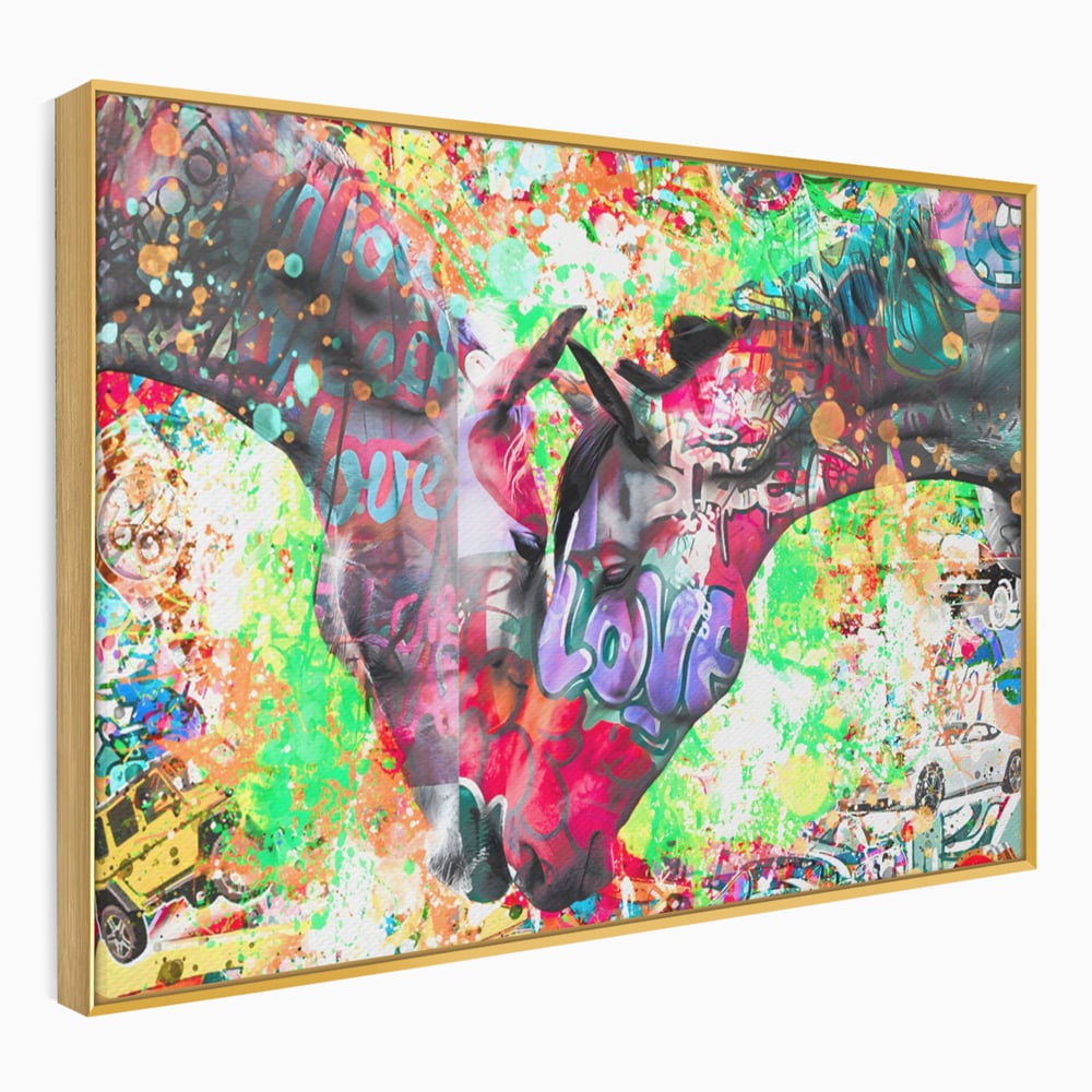 Tablou canvas cu tablou canvas cu doi cai si graffiti colorat, in rama de aluminiu auriu
